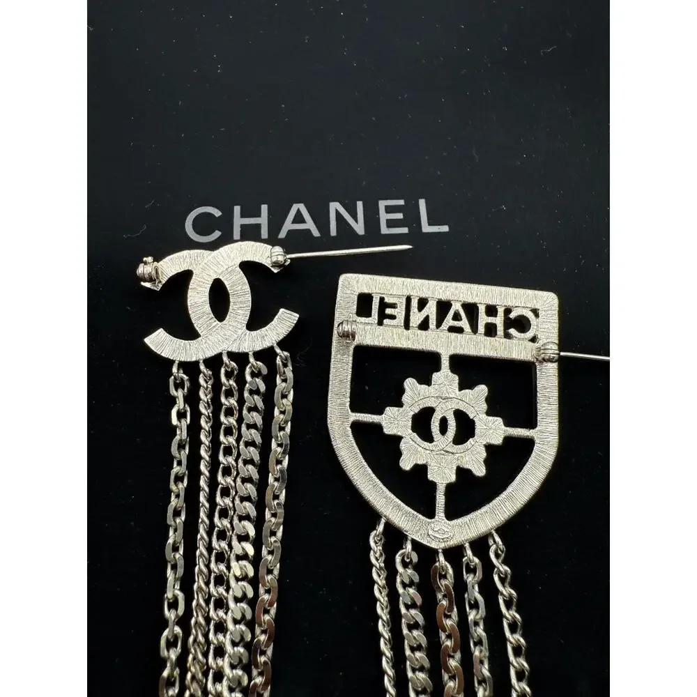 Chanel Baguette Crystal CC Shield Multi-Strand Long Chain Brooch Silver